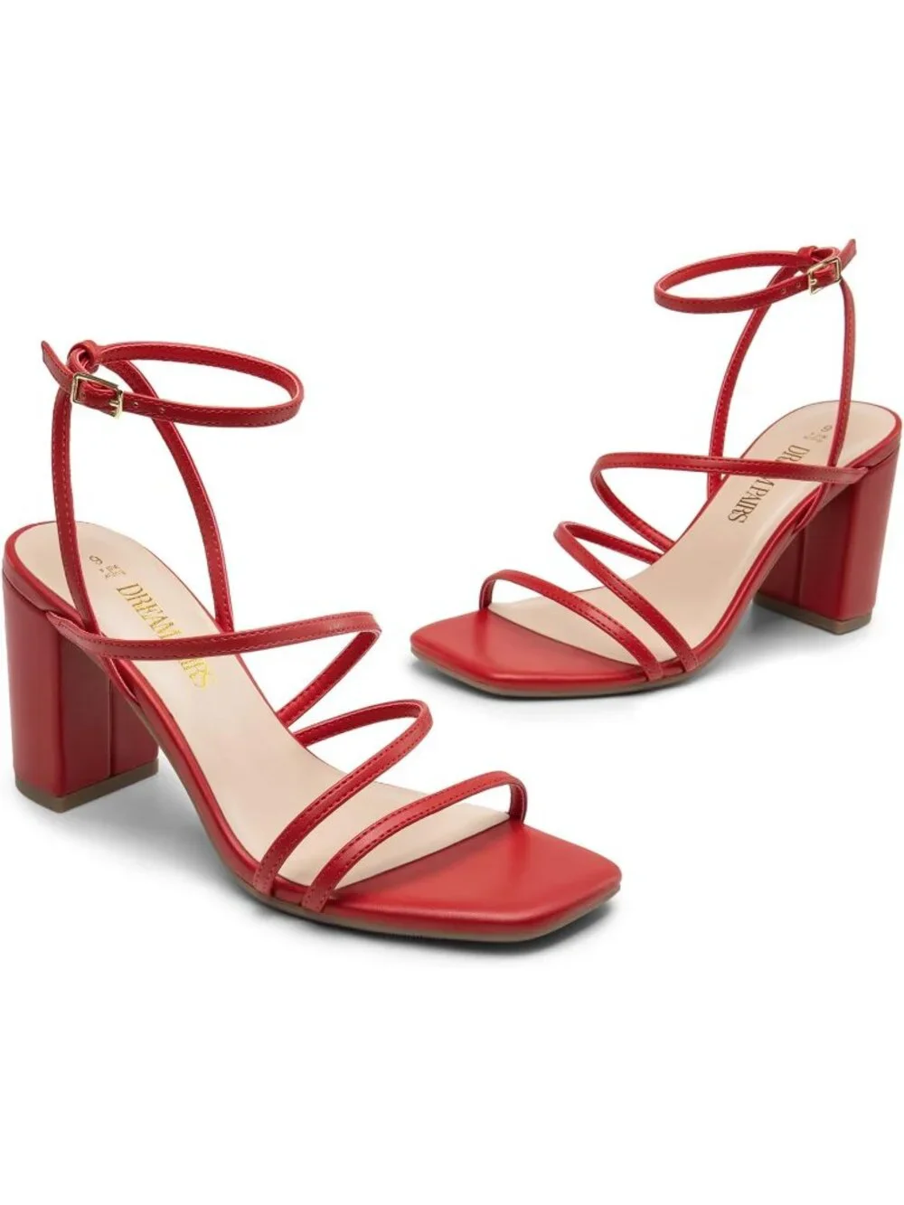 Dream Pairs Women's Red Pu Open Toe Sleek Straps Chunky Block Heel Sandals